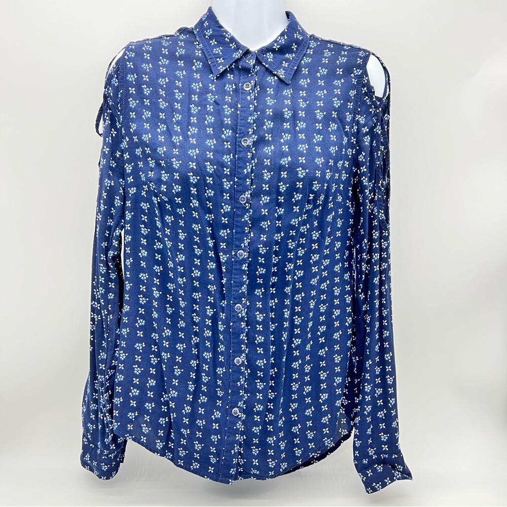 Maurices Navy Floral Print Button Down Shirt w/Open Lattice on Sleeves-Size EX